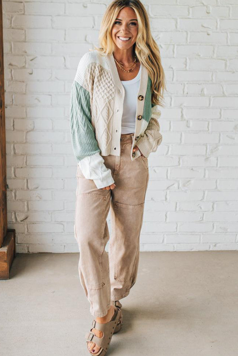 Parchment Mix Texture Knitted Color Block Button Down V Neck Sweater Cardigan