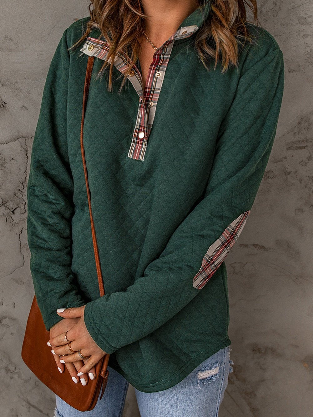 Green Plaid Trim Sweatshirt with Geometric Texture