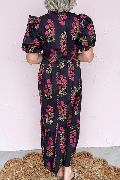 Beige Floral Short Bubble Sleeve Tiered Maxi Dress