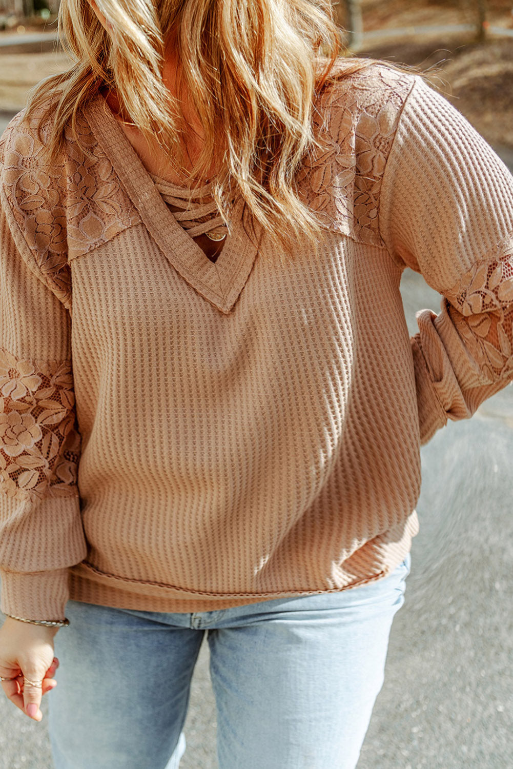 Apricot Strappy V-Neck Lace Waffle Knit Patchwork Top for Plus Size Fashion