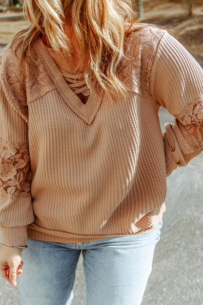 Apricot Strappy V-Neck Lace Waffle Knit Patchwork Top for Plus Size Fashion
