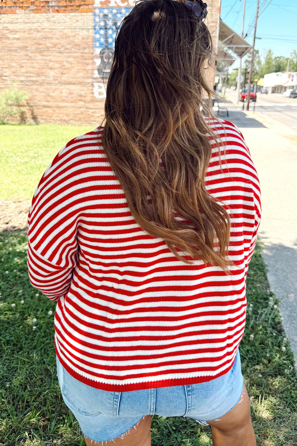 Red Stripe Drop Shoulder Round Neck Plus Sweater