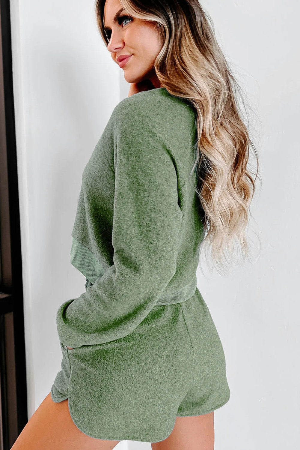 Green Cropped Fleece Lounge Set with Pullover Top and Shorts