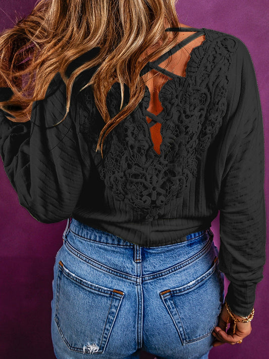 Elegant Black Ribbed Crochet Lace-Up Backless Top