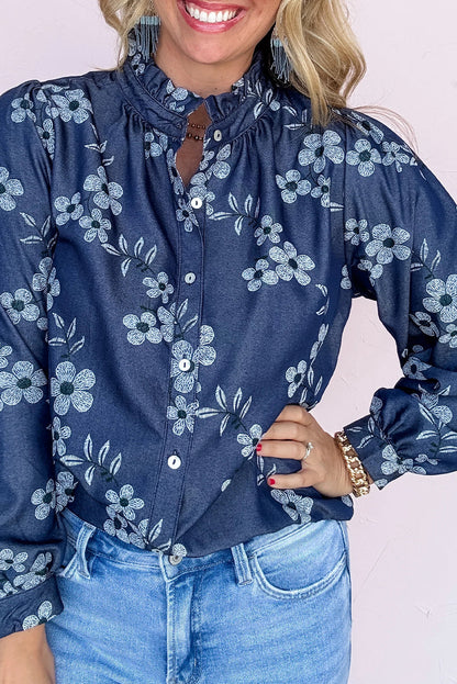 Blue Frilled Neck Button Down Long Sleeve Floral Shirt