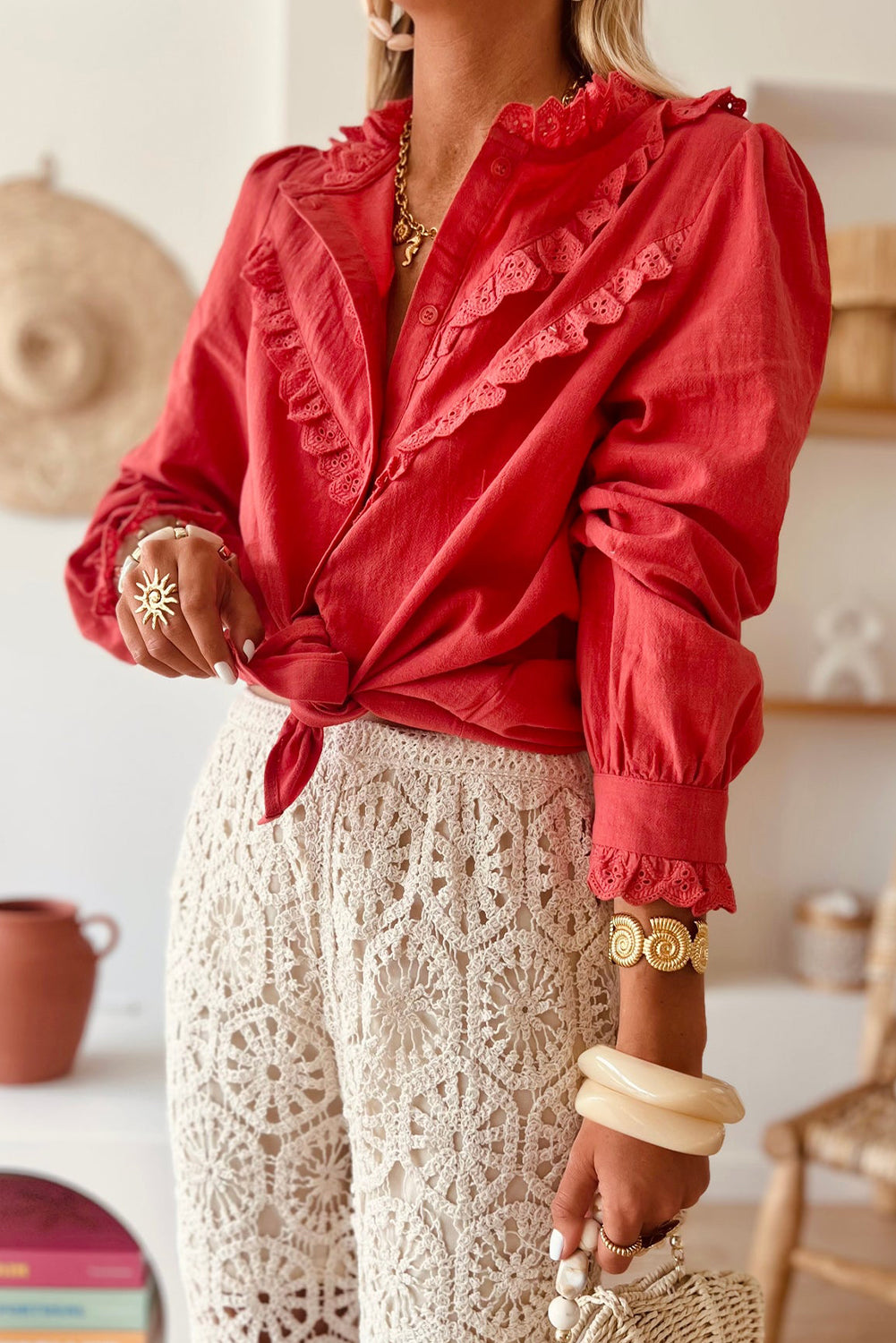 Red Clay Embroidered Ruffled Edge Puff Sleeve Shift Shirt