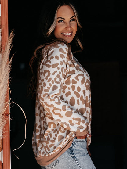 Leopard Print Boat Neck Khaki Plus Size Long Sleeve Top