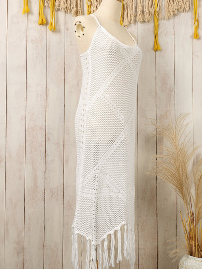 Beachy White Tassel Detail Crisscross Back Dress with Hollow Out Features