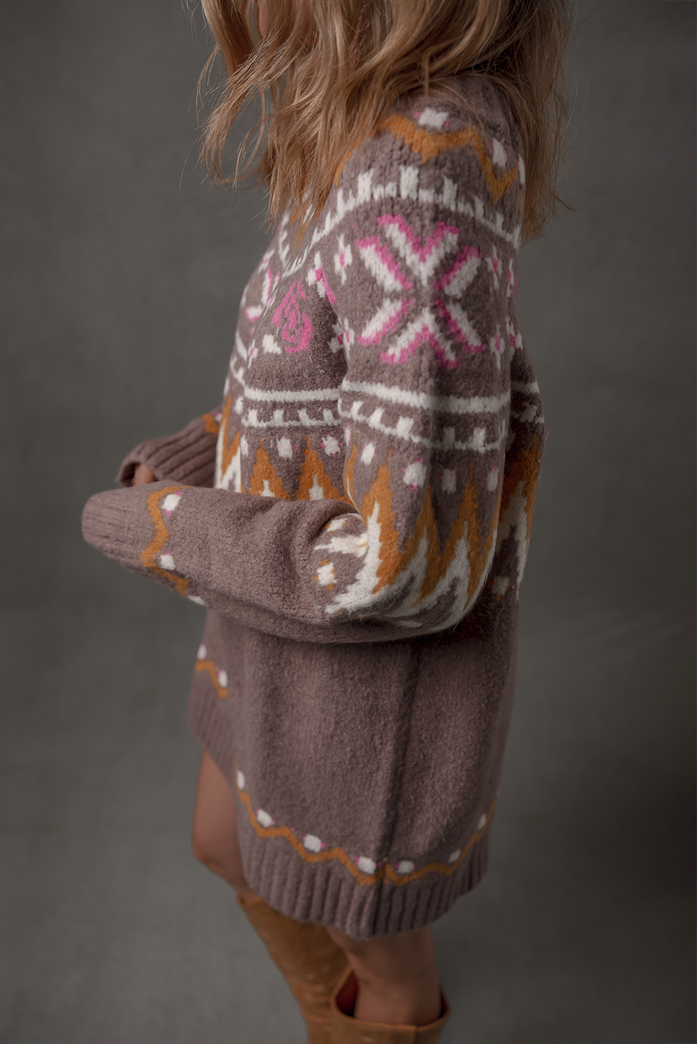 Brown Tribal Pattern Knitted Ribbed Edge Crew Neck Sweater Dress