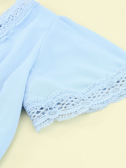 Elegant Sky Blue V Neck Lace Detail Blouse