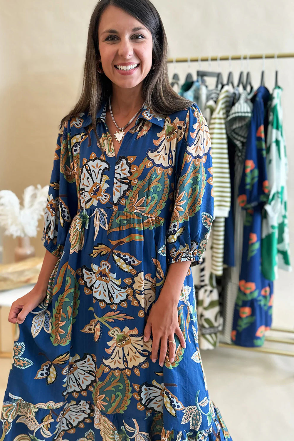 Blue Floral Paisley Print Shirt Collar 3/4 Sleeve Midi Dress
