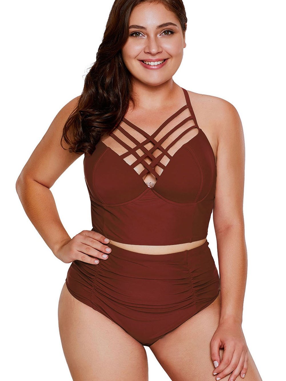 Fiery Red V-Neck High Waist Plus Size Bikini Set
