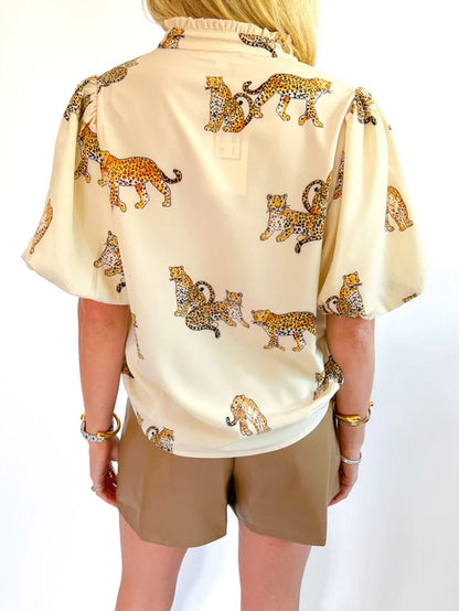 Apricot Leopard Print V-Neck Puff Half Sleeve Blouse