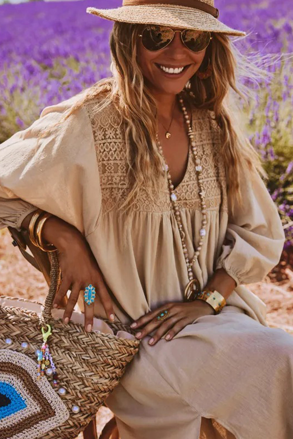 Jet Stream V Neck Lace Patchwork 3/4 Sleeve Long Shift Dress