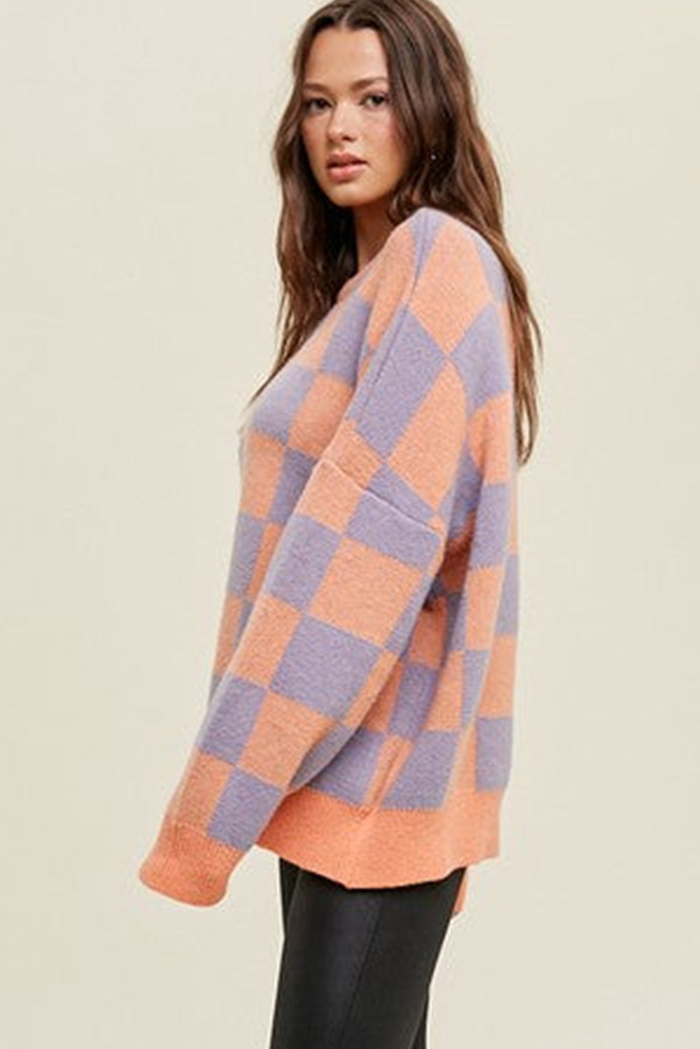 Grapefruit Orange Ribbed Trim Checkered Pattern Knit Baggy Sweater