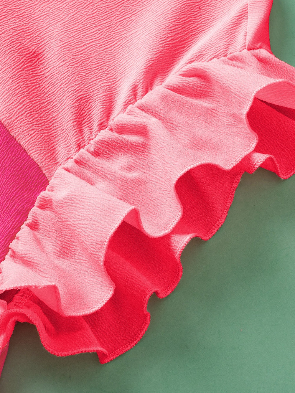 Strawberry Pink Textured 2-Tone Patchwork Frill Neck Ruffled Trim Plus Blouse