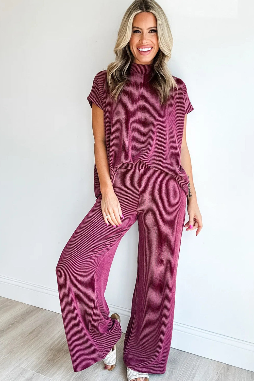 Burgundy Twisted Ribbed High Neck Loose Tee Elastic High Waist Loose Pant Set