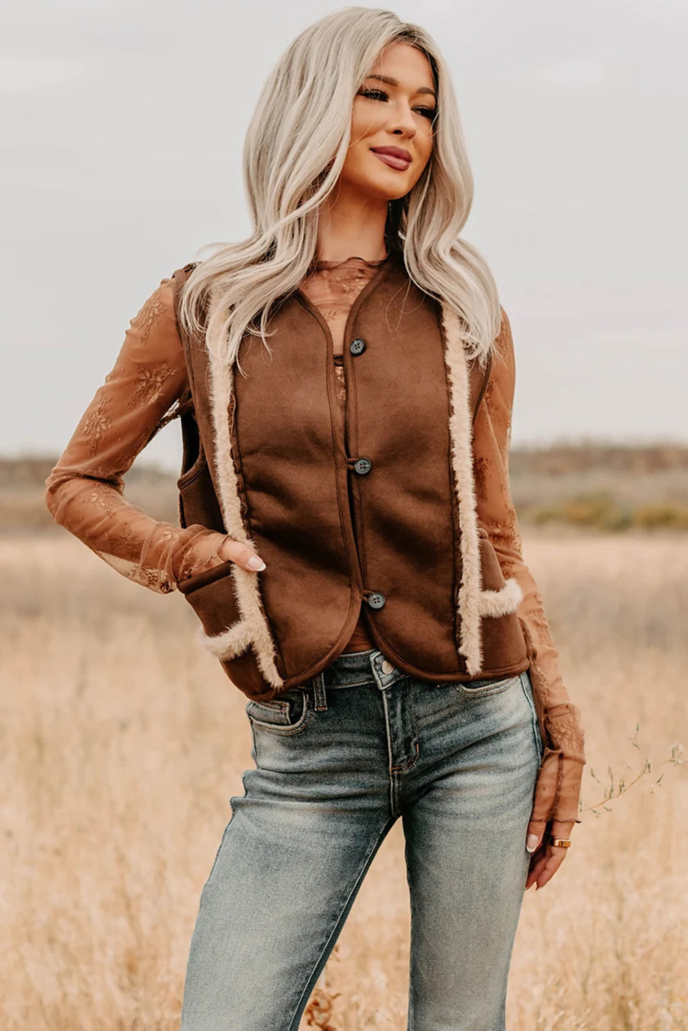 Coffee Faux Suede Plush Trim Button Down Vest
