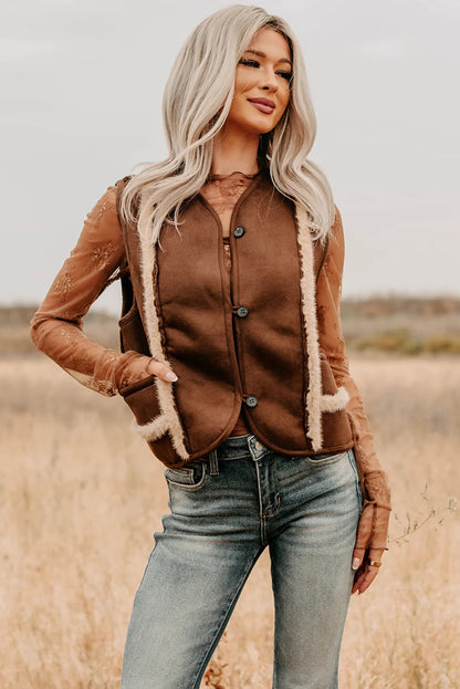 Coffee Faux Suede Plush Trim Button Down Vest
