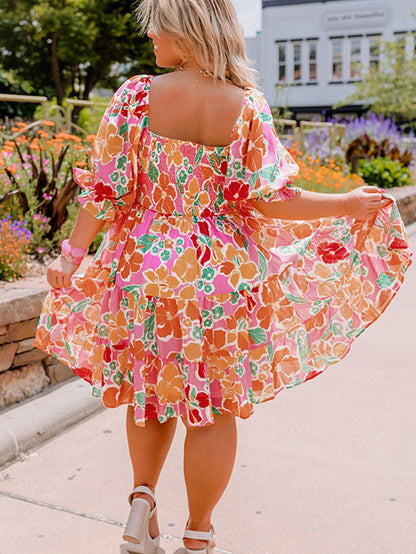 Pink Plus Size Floral Print Smocked Ruffle Tiered Dress