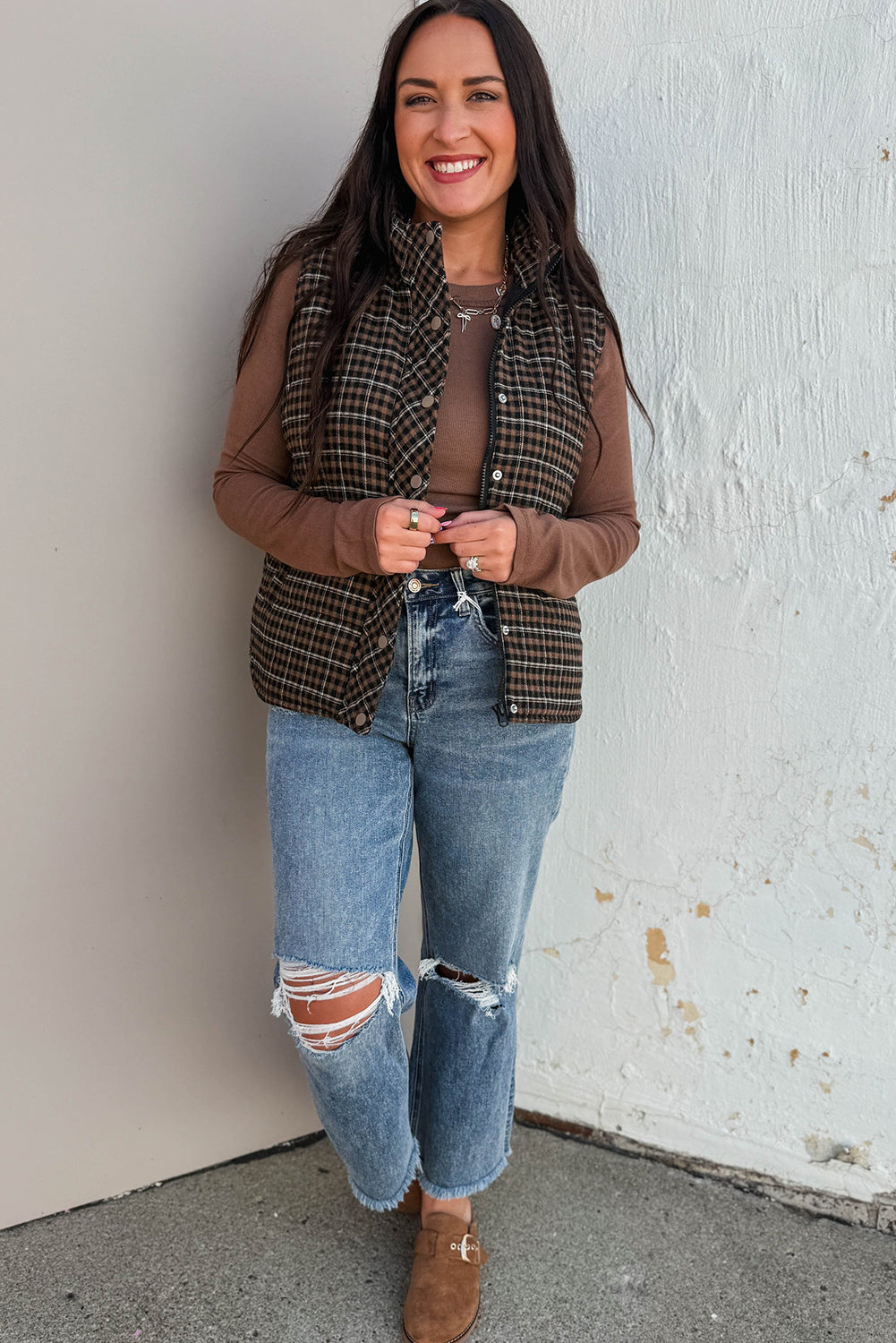 Green Retro Plaid Snap Button Zip Up Winter Vest