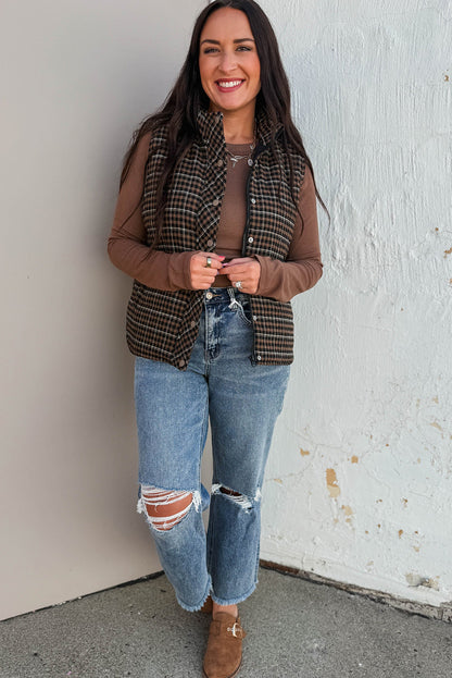 Green Retro Plaid Snap Button Zip Up Winter Vest