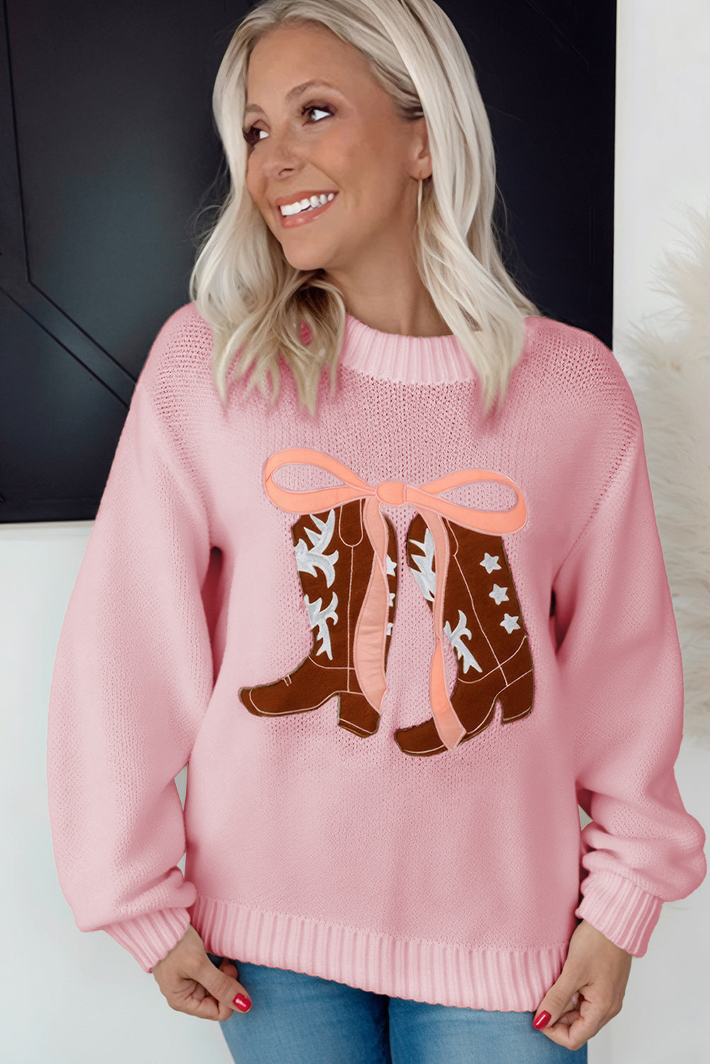 Pink Embroidered Bow Boots Graphic Drop Shoulder Sweater