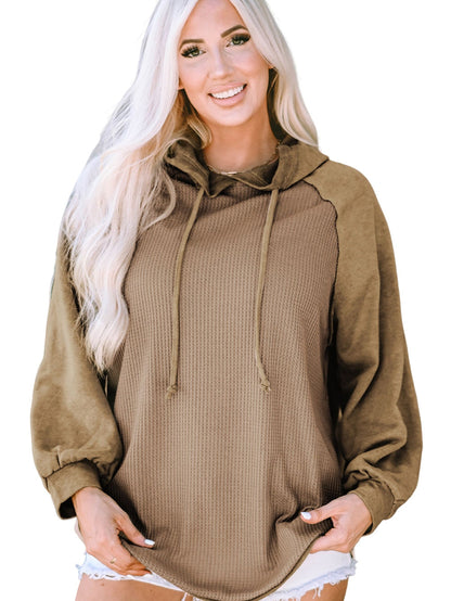 Khaki Exposed Seam Waffle Knit Hoodie with Adjustable Drawstring