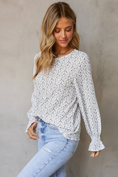 Floral Print Bubble Sleeve Black Blouse with Crinkle Texture