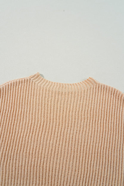 Apricot Cable Knit Drop Shoulder Side Slits Loose Sweater