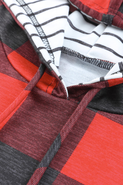 Fiery Red Christmas Plaid Striped Hooded Patchwork Sweatshirt
