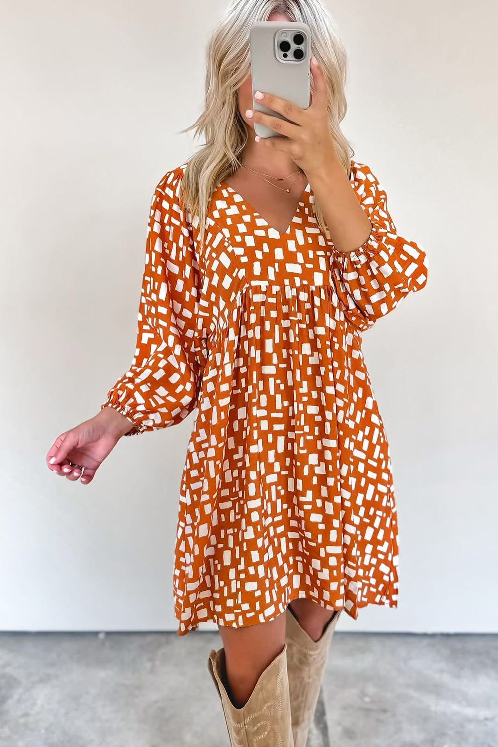 Orange Geometric Pattern Tasseled Lace up V Neck Empire Waist Flowy Short Dress