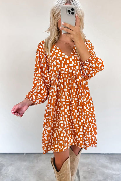 Orange Geometric Pattern Tasseled Lace up V Neck Empire Waist Flowy Short Dress