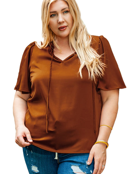 Chestnut Frilled Split Neck Plus Size Satin Blouse