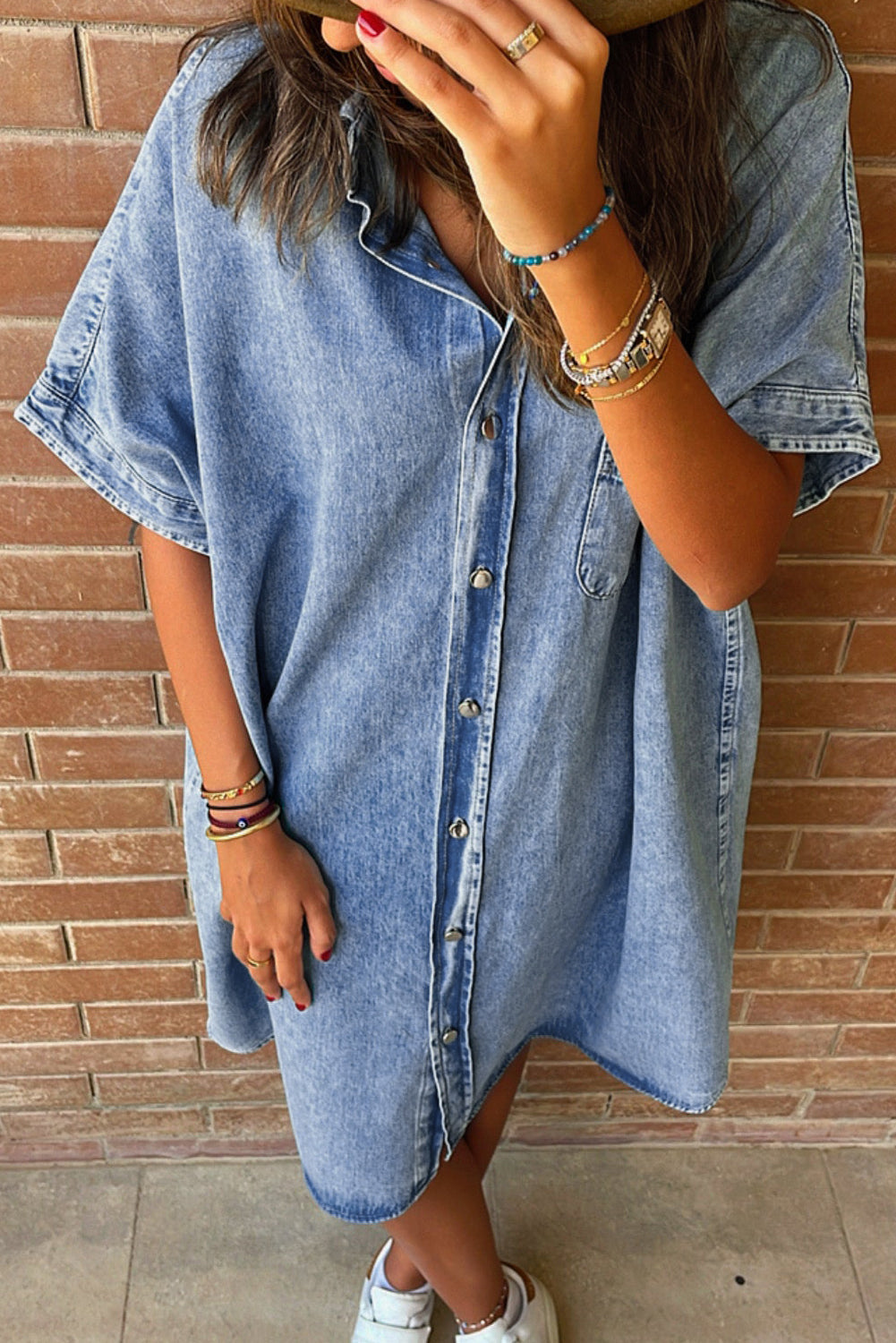 Denim Shirt Dress with Button Pockets