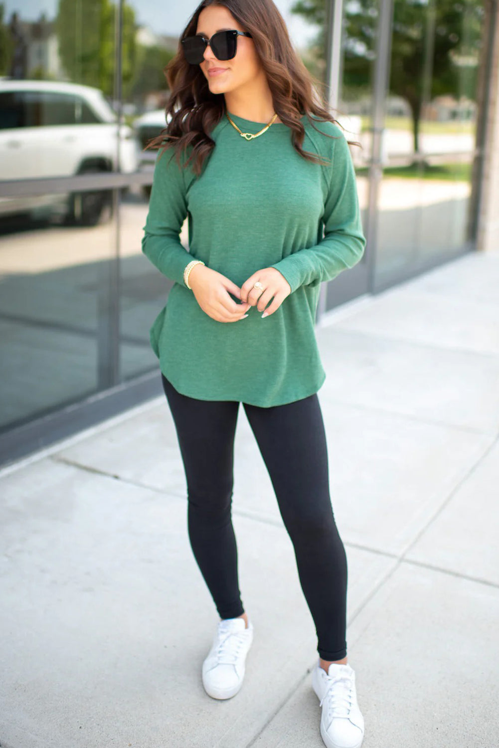 Sea Green Solid Color Thermal Knit Exposed Seam Raglan Sleeve Top