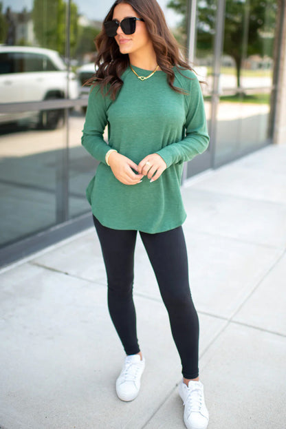 Sea Green Solid Color Thermal Knit Exposed Seam Raglan Sleeve Top