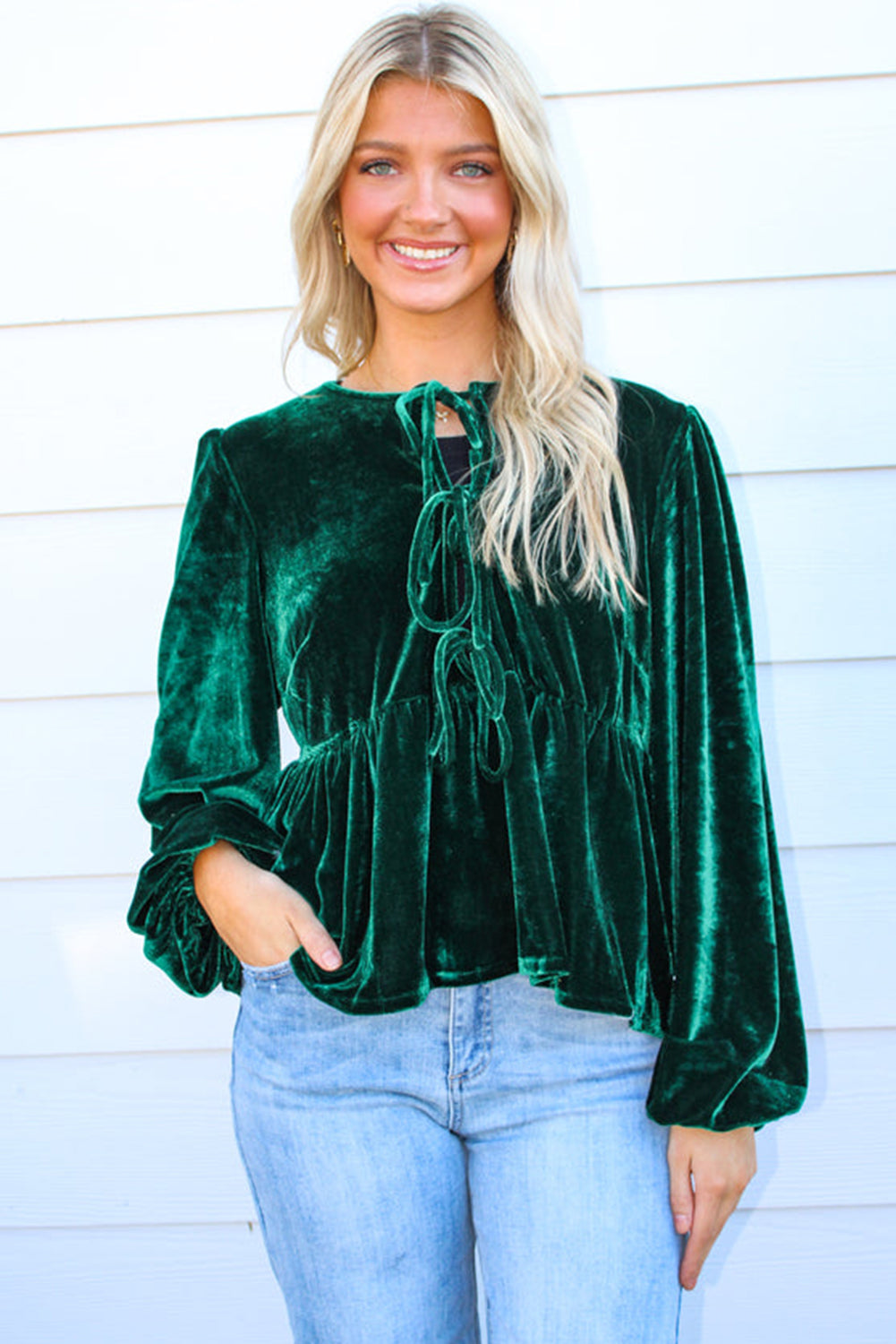 Evergreen Lace-up Velvet Long Puff Sleeve Peplum Top