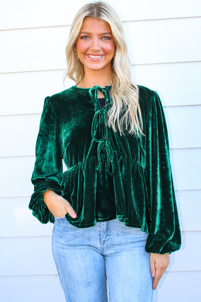 Evergreen Lace-up Velvet Long Puff Sleeve Peplum Top
