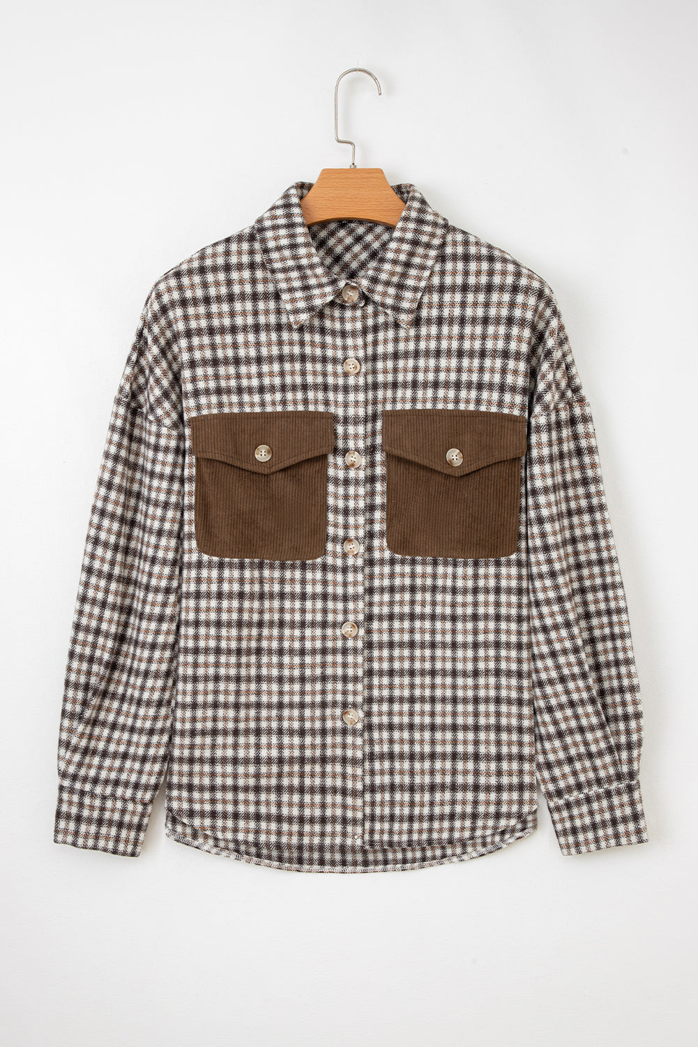 Casual Contrast Corduroy Flap Pocket Patchwork Plaid Shacket