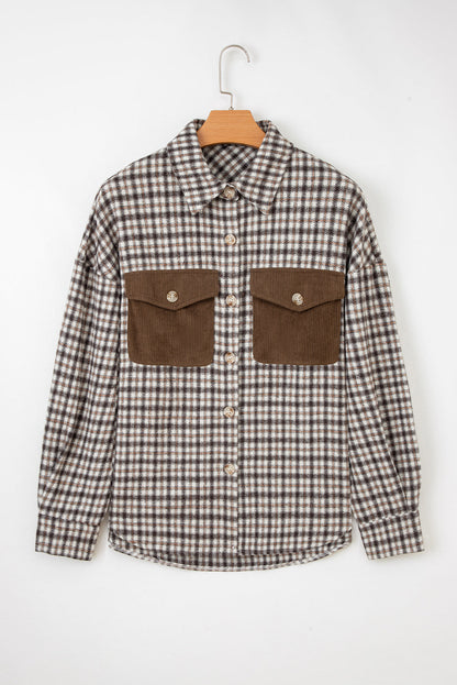 Casual Contrast Corduroy Flap Pocket Patchwork Plaid Shacket
