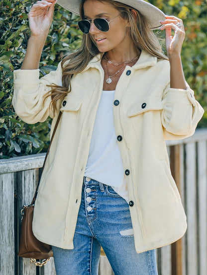 Beige Collared Button-Up Shirt Jacket