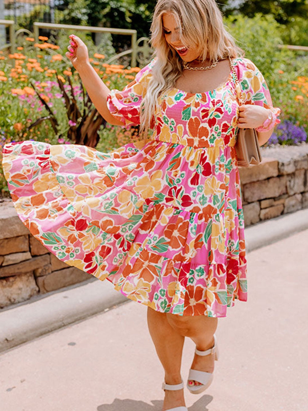 Pink Plus Size Floral Print Smocked Ruffle Tiered Dress