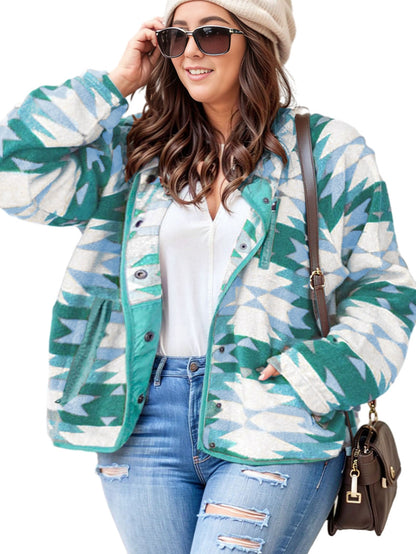 Green Geometric Aztec Pattern Plus Size Fleece Jacket