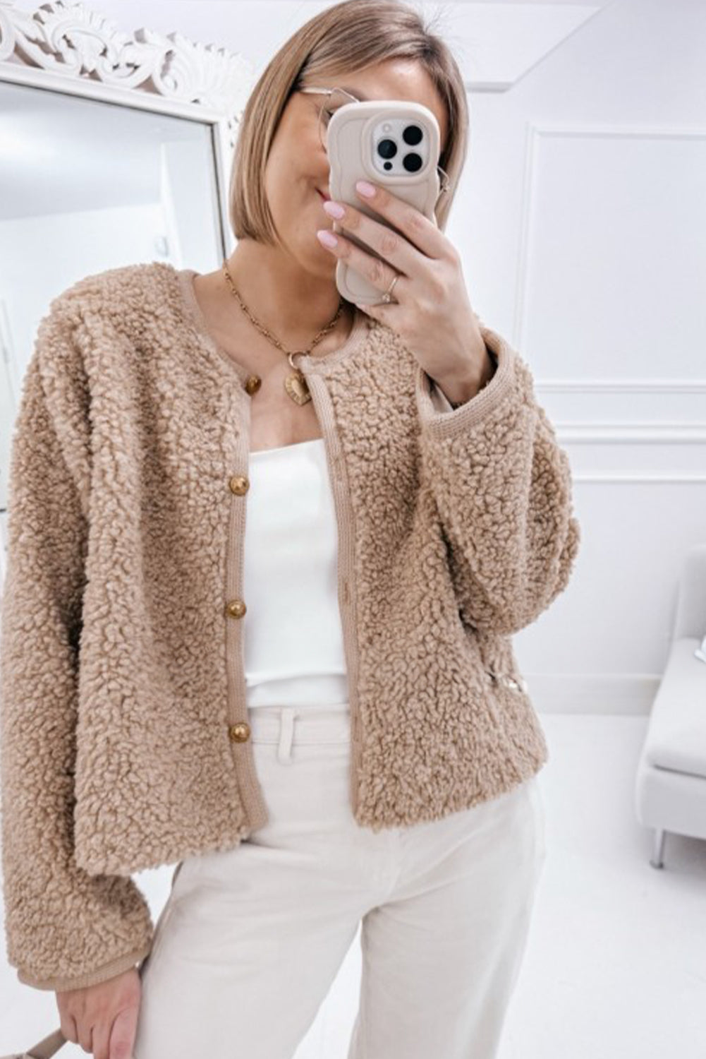 Smoke Gray Sherpa Buttoned Front Plush Jacket