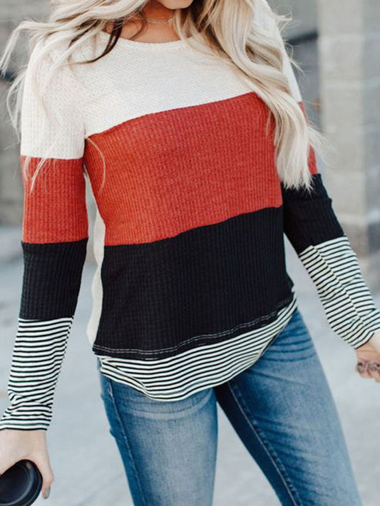 Fashionable Striped Colorblock Top with Long Sleeves