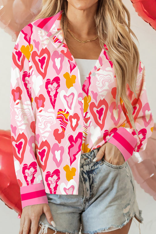 Pink Whimsical Heart Print Striped Trim Loose Shirt