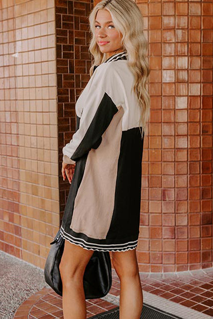 Black Color Block Quarter Zip Long Sleeve T Shirt Mini Dress