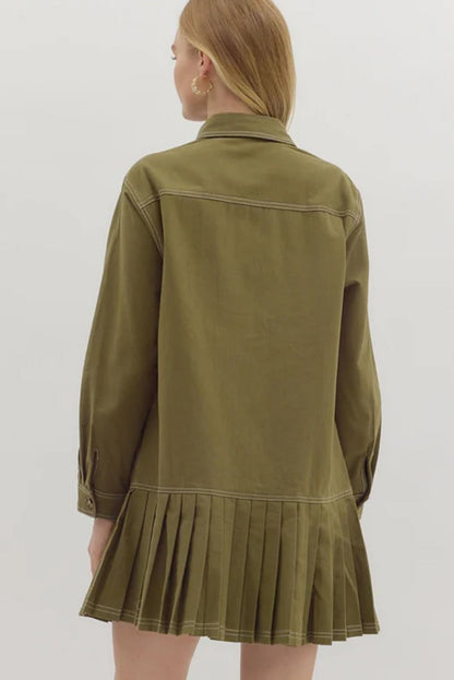 Jungle Green Plus Size Shirt Collar Buttoned Pleated Hem Mini Dress