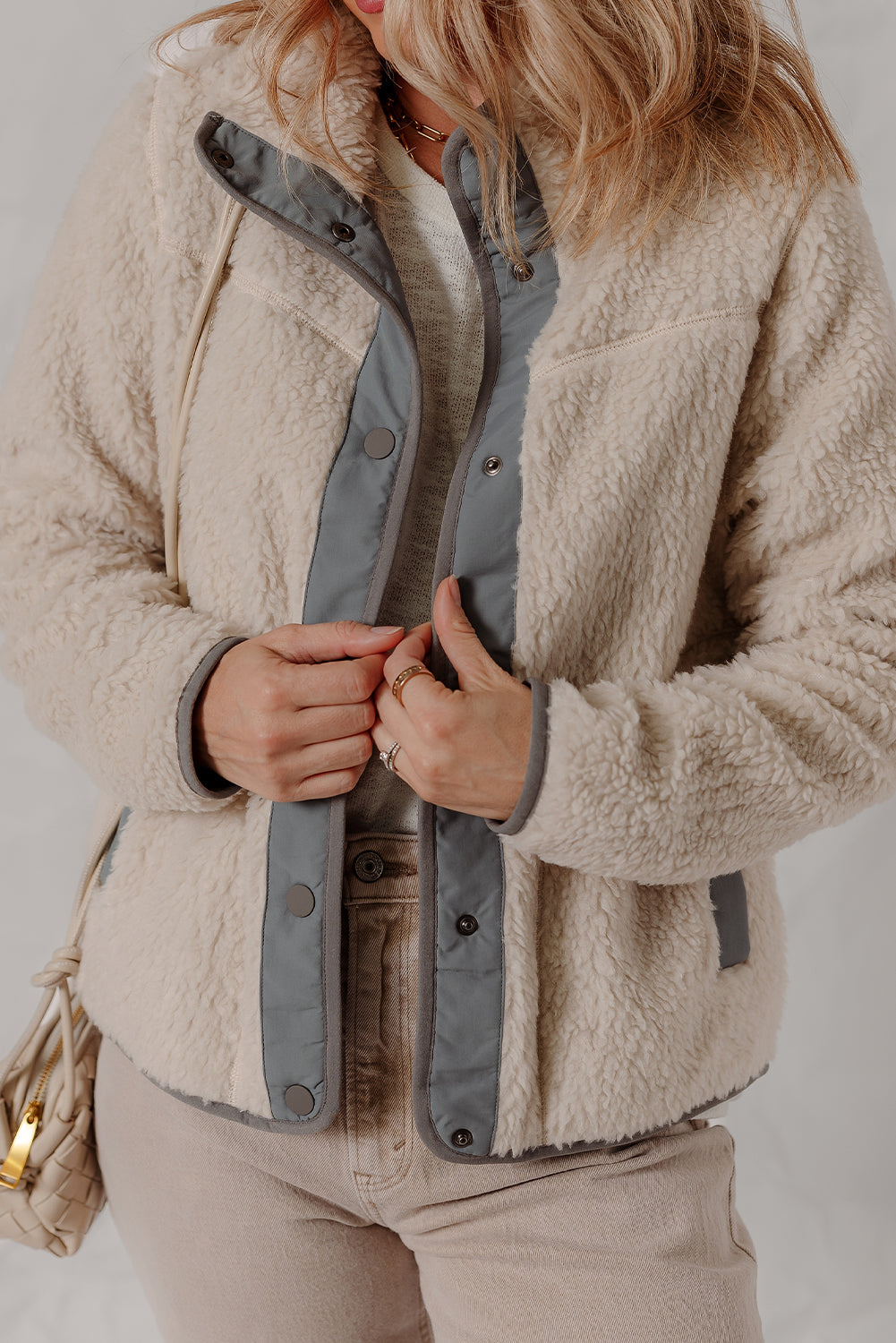 Oatmeal Fleece Sherpa Snap Buttoned Contrast Trim Winter Jacket